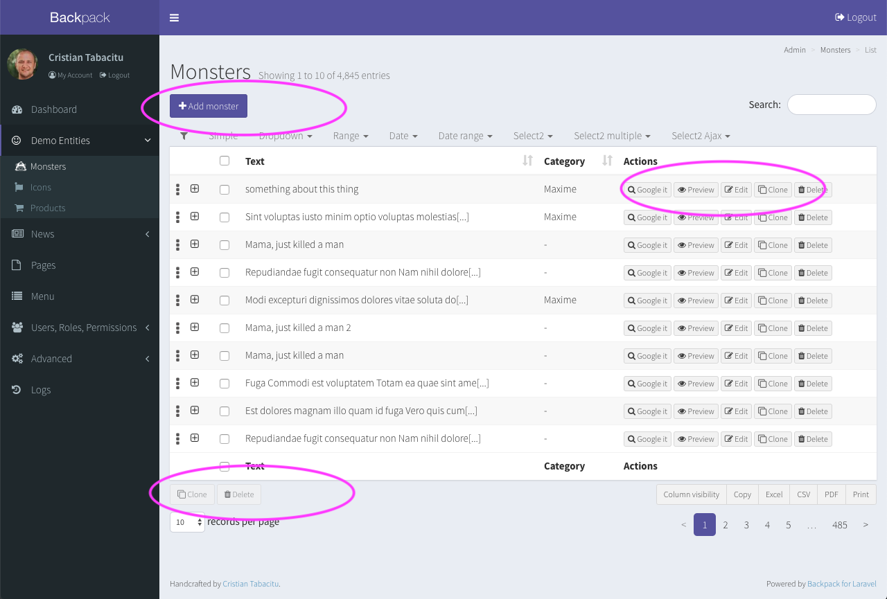 Tag CRUD - List Entries Buttons