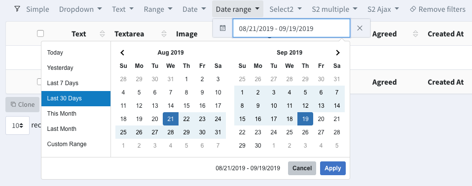 Backpack CRUD Date Range Filter